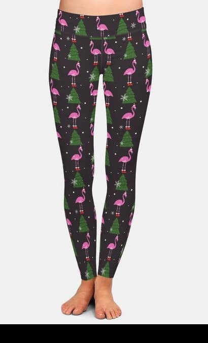 Ladies Gorgeous Christmas Flamingos With Presents, Trees & Santa Hats Leggings