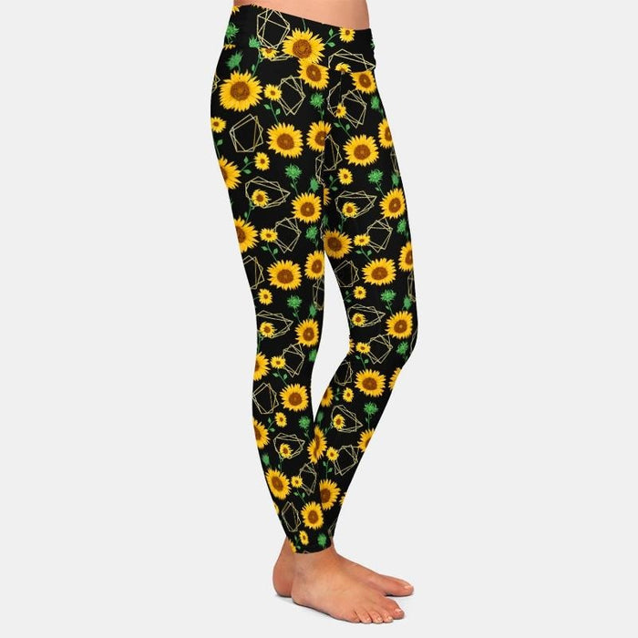 Ladies Gorgeous Gold Polygon & Watercolour Sunflowers Printed Leggings