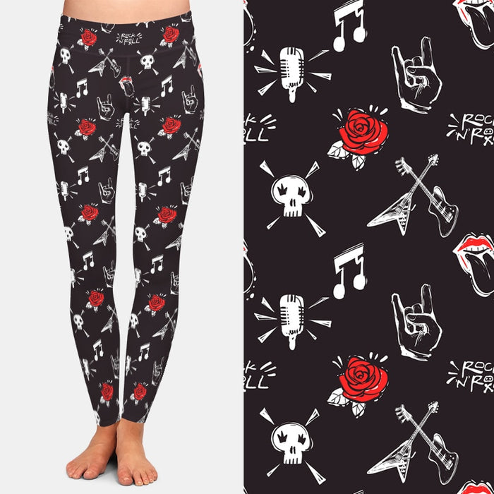 Ladies Goth, Roses & Rock Signs/Music Printed Leggings