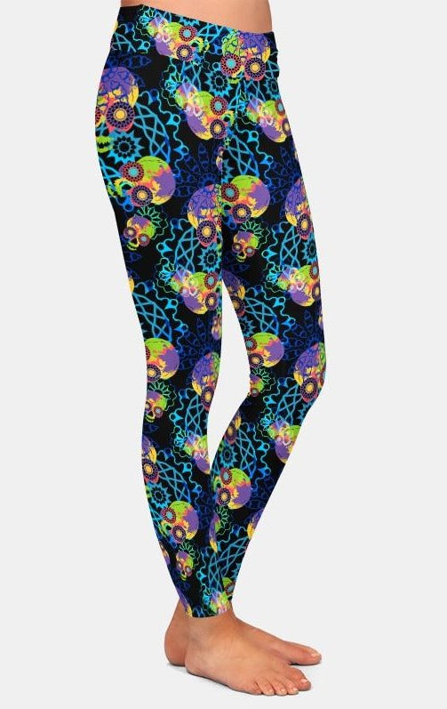Ladies Rainbow 3D Skulls and Mandala Printed Leggings
