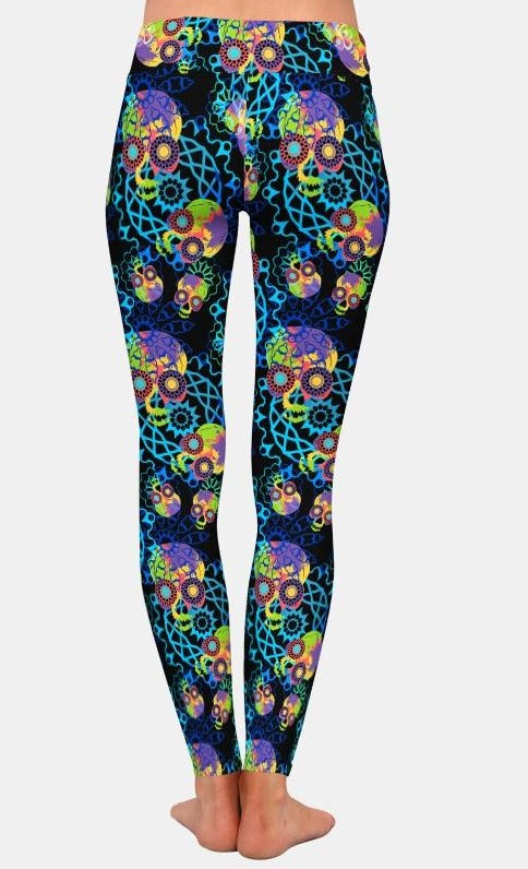 Ladies Rainbow 3D Skulls and Mandala Printed Leggings