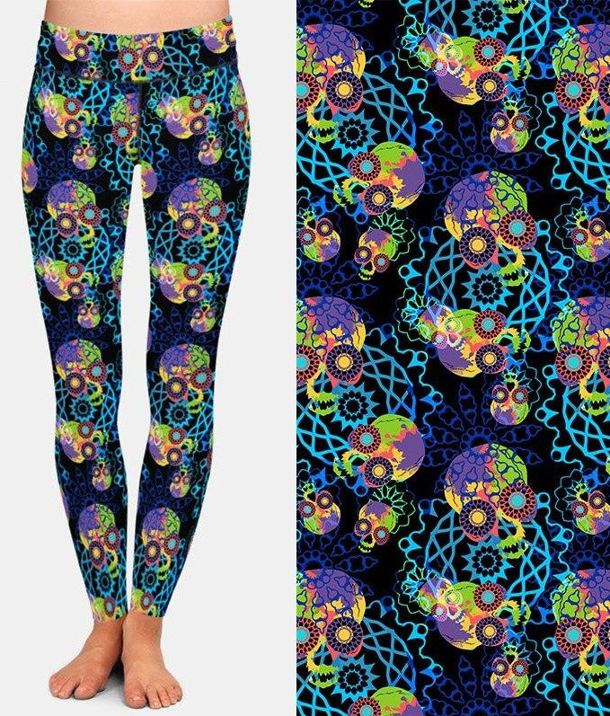 Ladies Rainbow 3D Skulls and Mandala Printed Leggings
