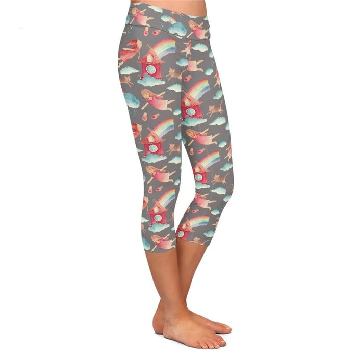 Ladies Rainbows Over Houses Printed Fitness Capri Leggings