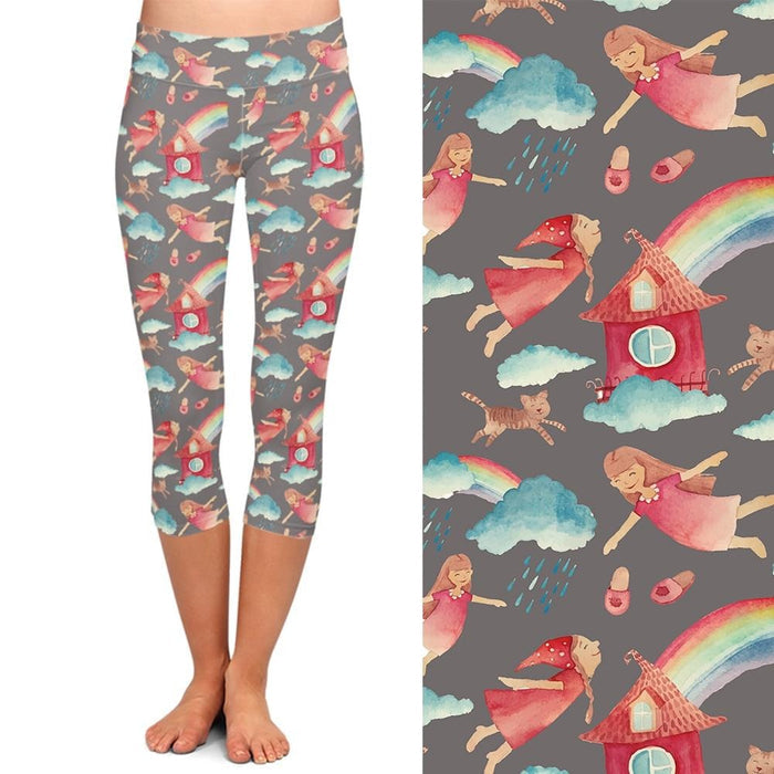 Ladies Rainbows Over Houses Printed Fitness Capri Leggings