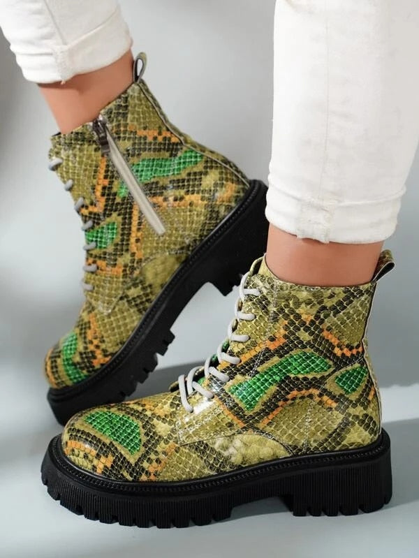 Ladies Snake Print Thick Sole Zip-Up Ankle Boots