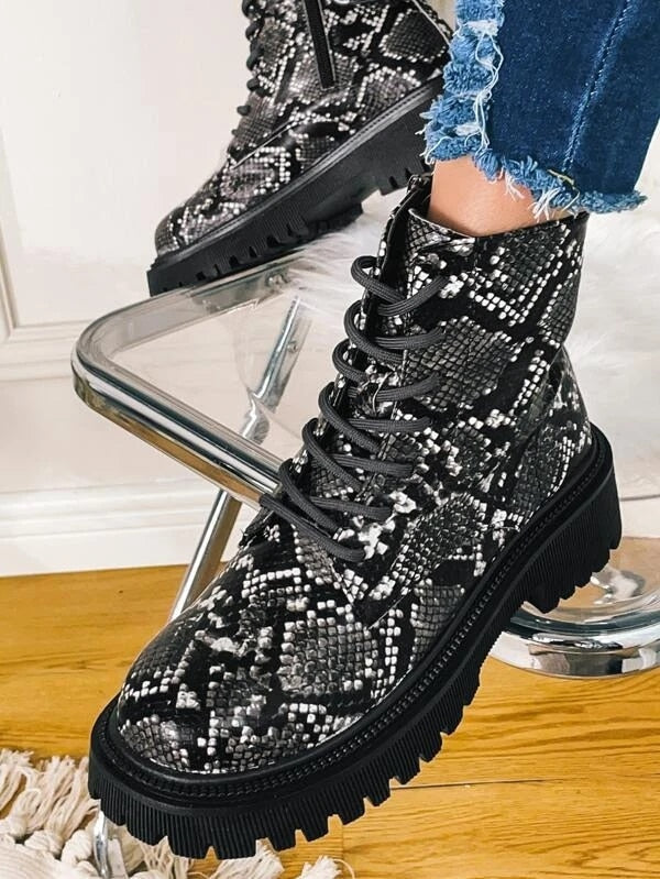 Ladies Snake Print Thick Sole Zip-Up Ankle Boots