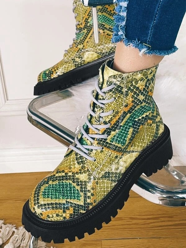 Ladies Snake Print Thick Sole Zip-Up Ankle Boots