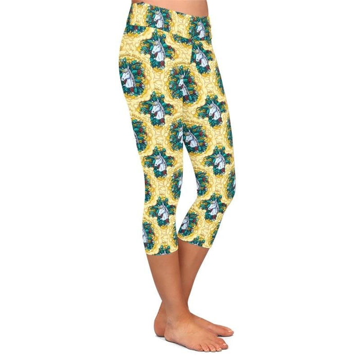 Ladies Summer Unicorn, Flowers & Leaves Printed Capri Leggings