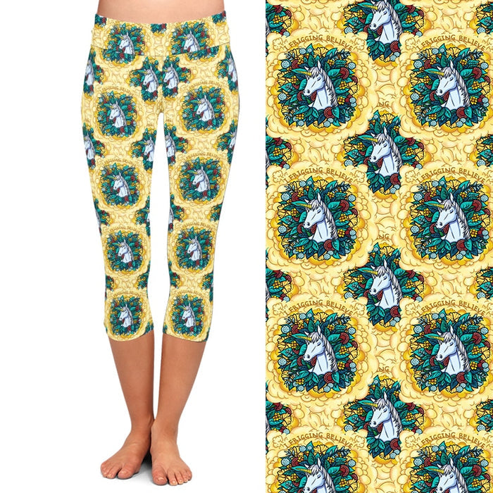 Ladies Summer Unicorn, Flowers & Leaves Printed Capri Leggings