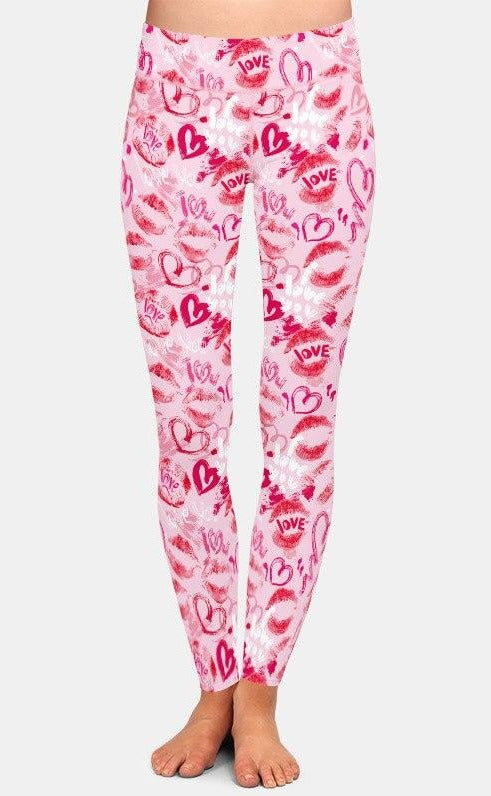 Ladies Valentines Day Lips & Hearts Printed Leggings
