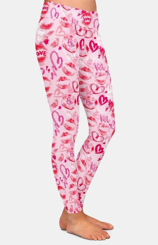 Ladies Valentines Day Lips & Hearts Printed Leggings