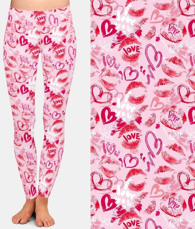 Ladies Valentines Day Lips & Hearts Printed Leggings
