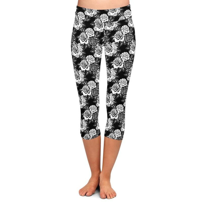 Ladies White Roses Digital Printed Capri Leggings