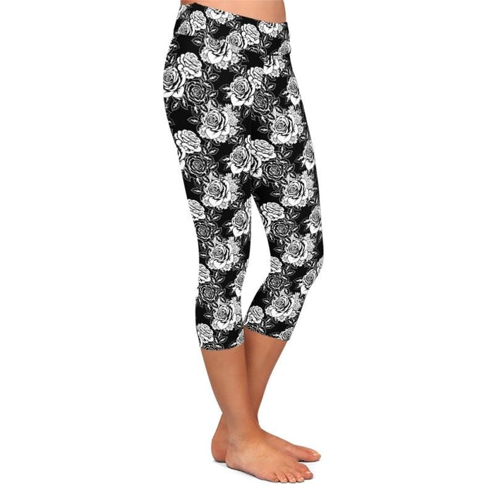 Ladies White Roses Digital Printed Capri Leggings