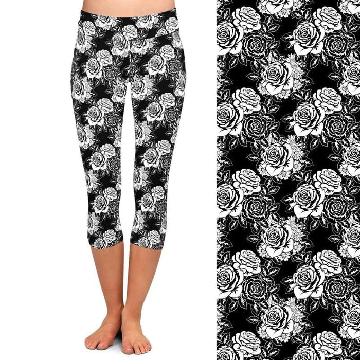 Ladies White Roses Digital Printed Capri Leggings