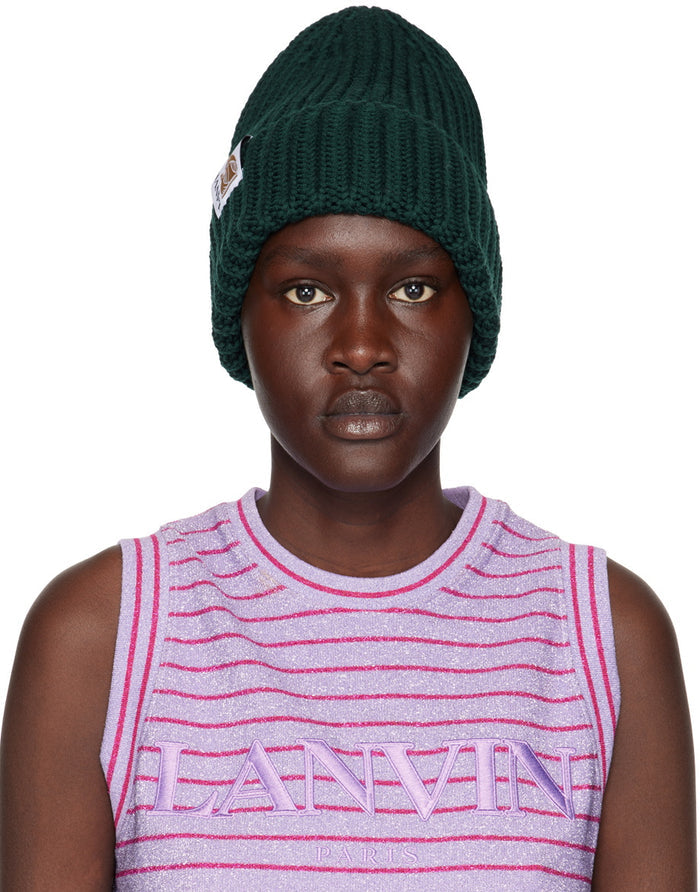 Lanvin Green Logo Tab Ribbed Knit Wool Beanie Hat