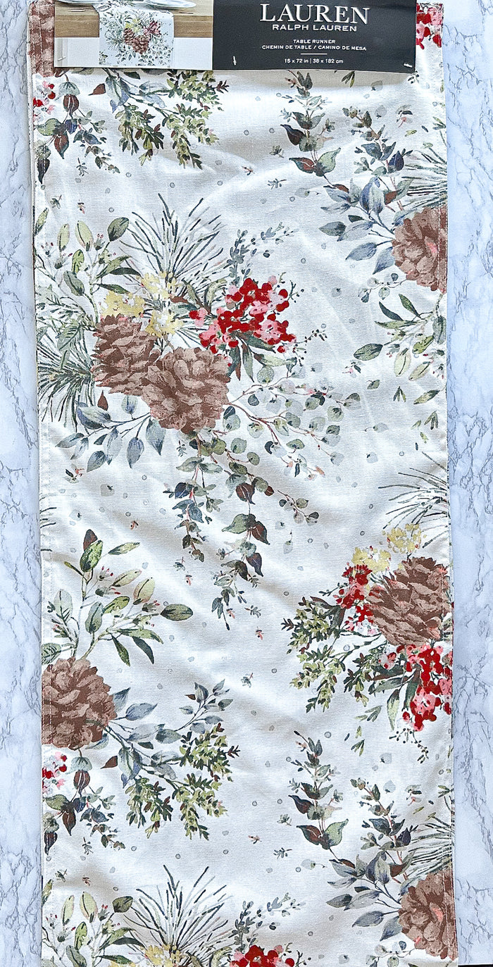 Lauren Ralph Lauren Festive Pine Cone Winter Christmas Tablerunner