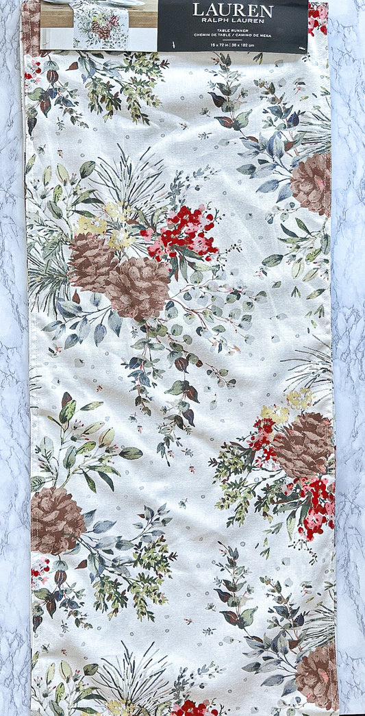 Lauren Ralph Lauren Festive Pine Cone Winter Christmas Tablerunner