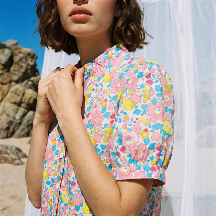 Liberty London Ruffle Collared Blouse, Short-sleeved Cotton Button-up Shirt, Handmade Botanical Womenswear, Personalised Chemise