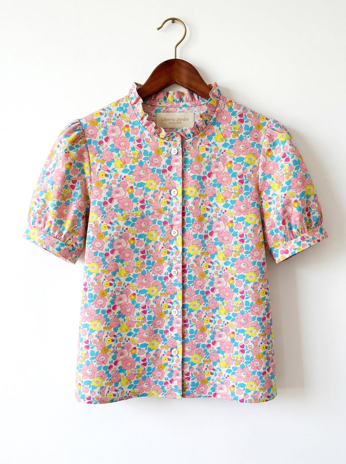 Liberty London Ruffle Collared Blouse, Short-sleeved Cotton Button-up Shirt, Handmade Botanical Womenswear, Personalised Chemise