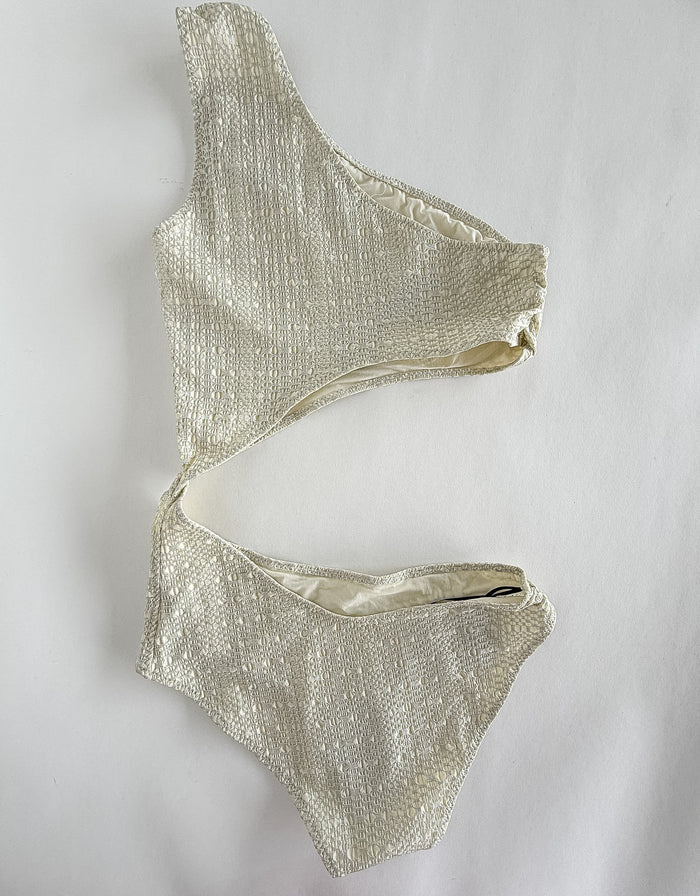 Lisa Marie Fernandez White Seersucker Crinkle Cut-Out Swimsuit