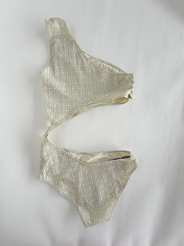 Lisa Marie Fernandez White Seersucker Crinkle Cut-Out Swimsuit