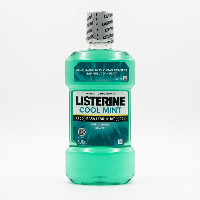 Bottle of Listerine Cool Mint mouthwash on a white background
