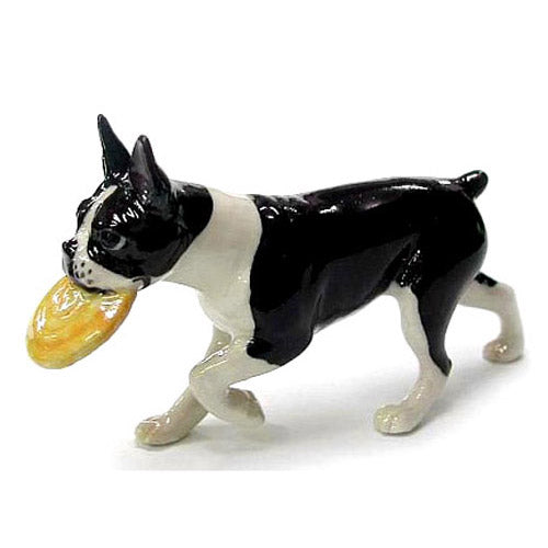 Little Critterz x Northern Rose - Boston Terrier with Frisbee Porcelain Dog Figurine R133