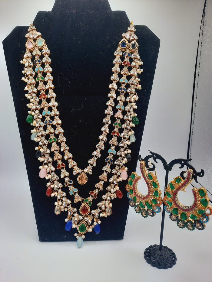 Long maala necklace made in multicolor beads and kundan with earrings