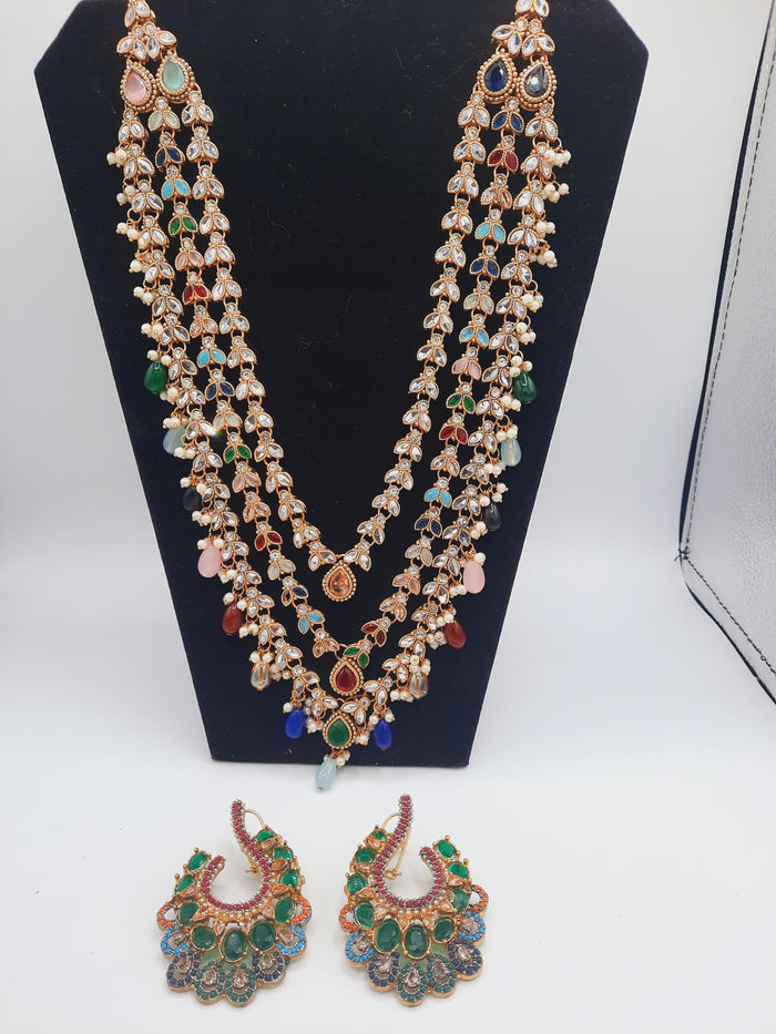 Long maala necklace made in multicolor beads and kundan with earrings