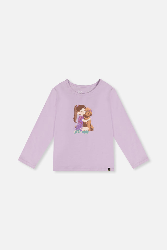 Deux par Deux lavender long sleeve organic cotton tee with girl and poodle graphic, front view