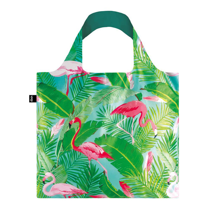 LOQI Tote Bag - Wild Pink Flamingos Rainforest Jungle Green