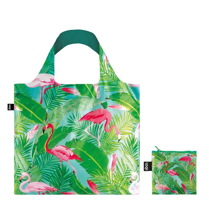 LOQI Tote Bag - Wild Pink Flamingos Rainforest Jungle Green