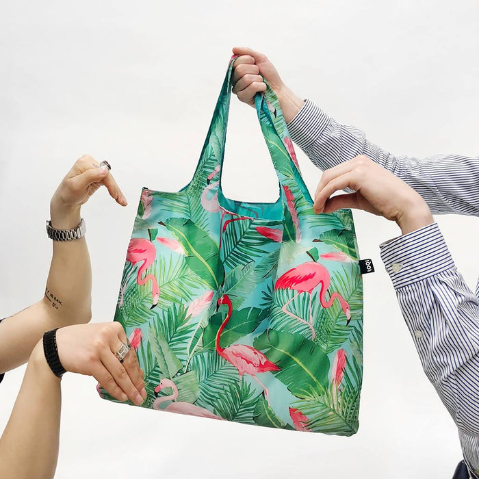 LOQI Tote Bag - Wild Pink Flamingos Rainforest Jungle Green