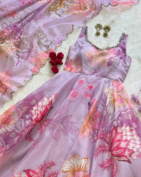 Luvender Color Digital Printed Soft Organza Anarkali Suit