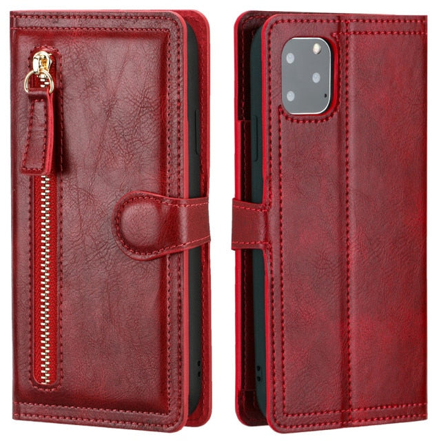 Luxury Faux Leather Zippered Flip Wallet Phone Case For Assorted iPhones