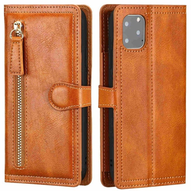 Luxury Faux Leather Zippered Flip Wallet Phone Case For Assorted iPhones