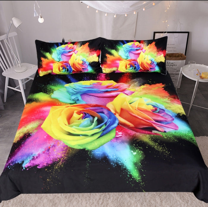 Luxury Rainbow Rose Printed Bedding Set