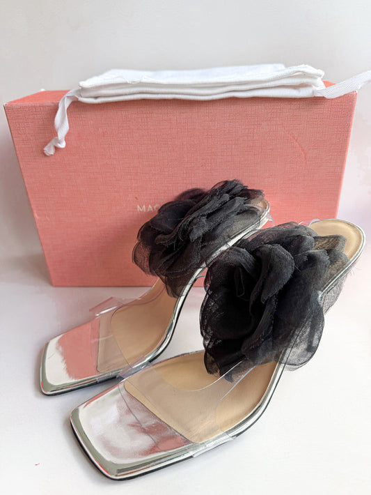 Magda Butrym Black 3D Flower Applique Sandal Heels