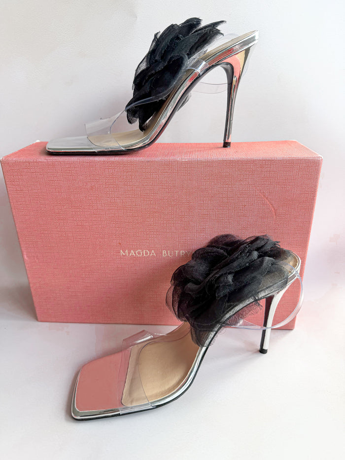 Magda Butrym Black 3D Flower Applique Sandal Heels