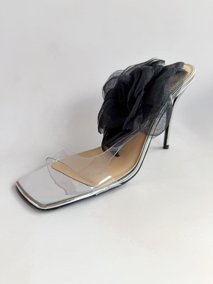 Magda Butrym Black 3D Flower Applique Sandal Heels