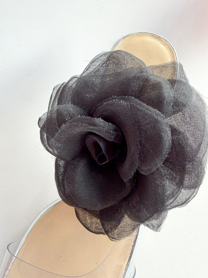 Magda Butrym Black 3D Flower Applique Sandal Heels
