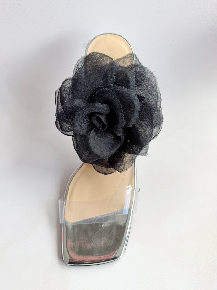 Magda Butrym Black 3D Flower Applique Sandal Heels