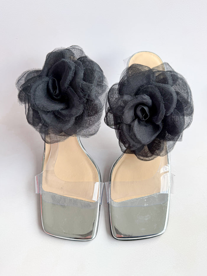 Magda Butrym Black 3D Flower Applique Sandal Heels