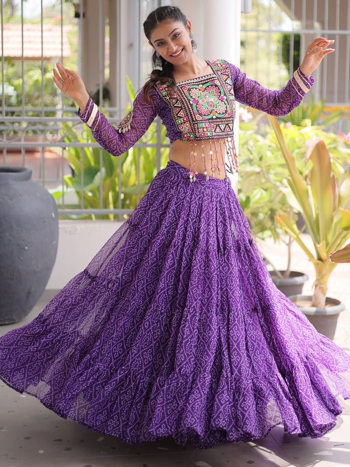 Magnetic Purple Bandhani Printed Georgette Navratri Special Lehenga Choli