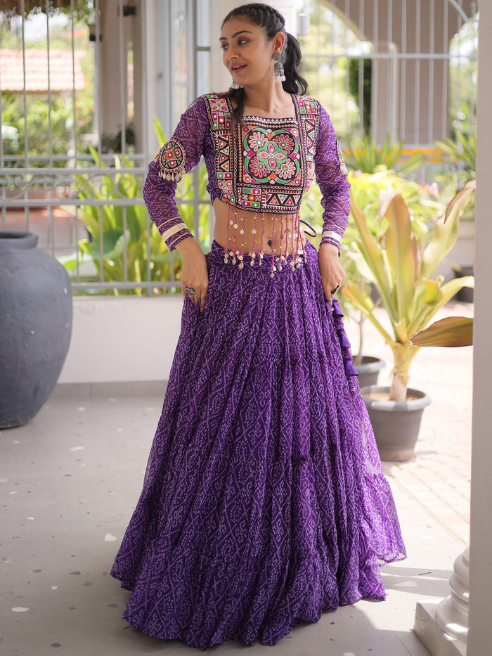Magnetic Purple Bandhani Printed Georgette Navratri Special Lehenga Choli