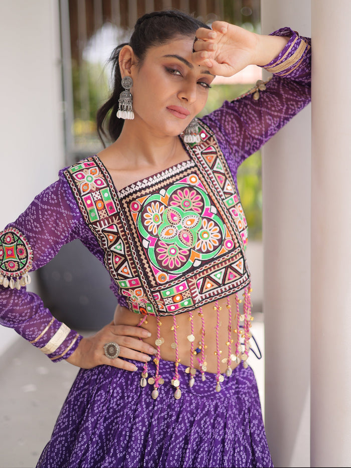 Magnetic Purple Bandhani Printed Georgette Navratri Special Lehenga Choli