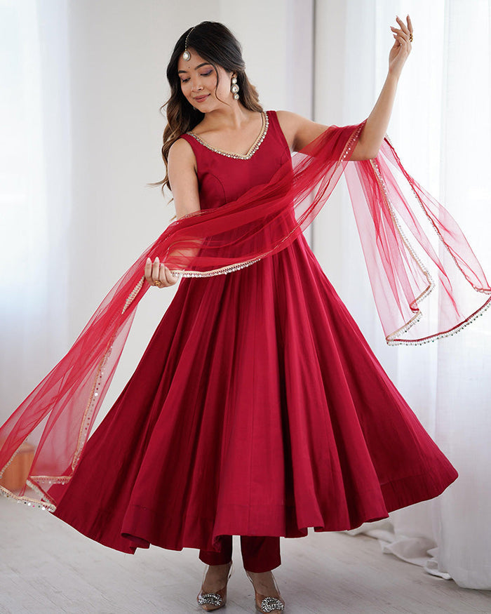 Maroon Color Chanderi Pure Roman Silk Anarkali Suit