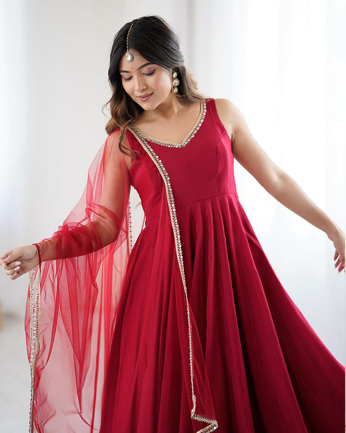 Maroon Color Chanderi Pure Roman Silk Anarkali Suit