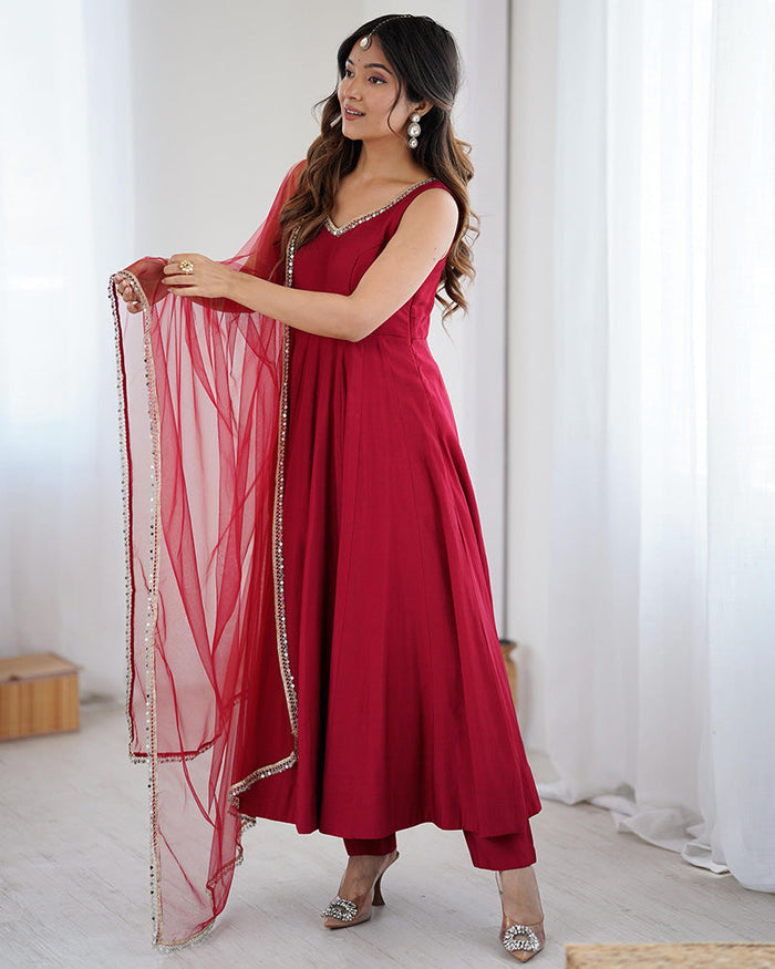 Maroon Color Chanderi Pure Roman Silk Anarkali Suit